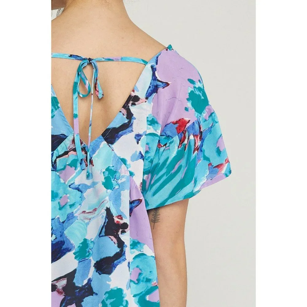 Entro Floral Ruffle Sleeve Top, Blue - Picture 7 of 7